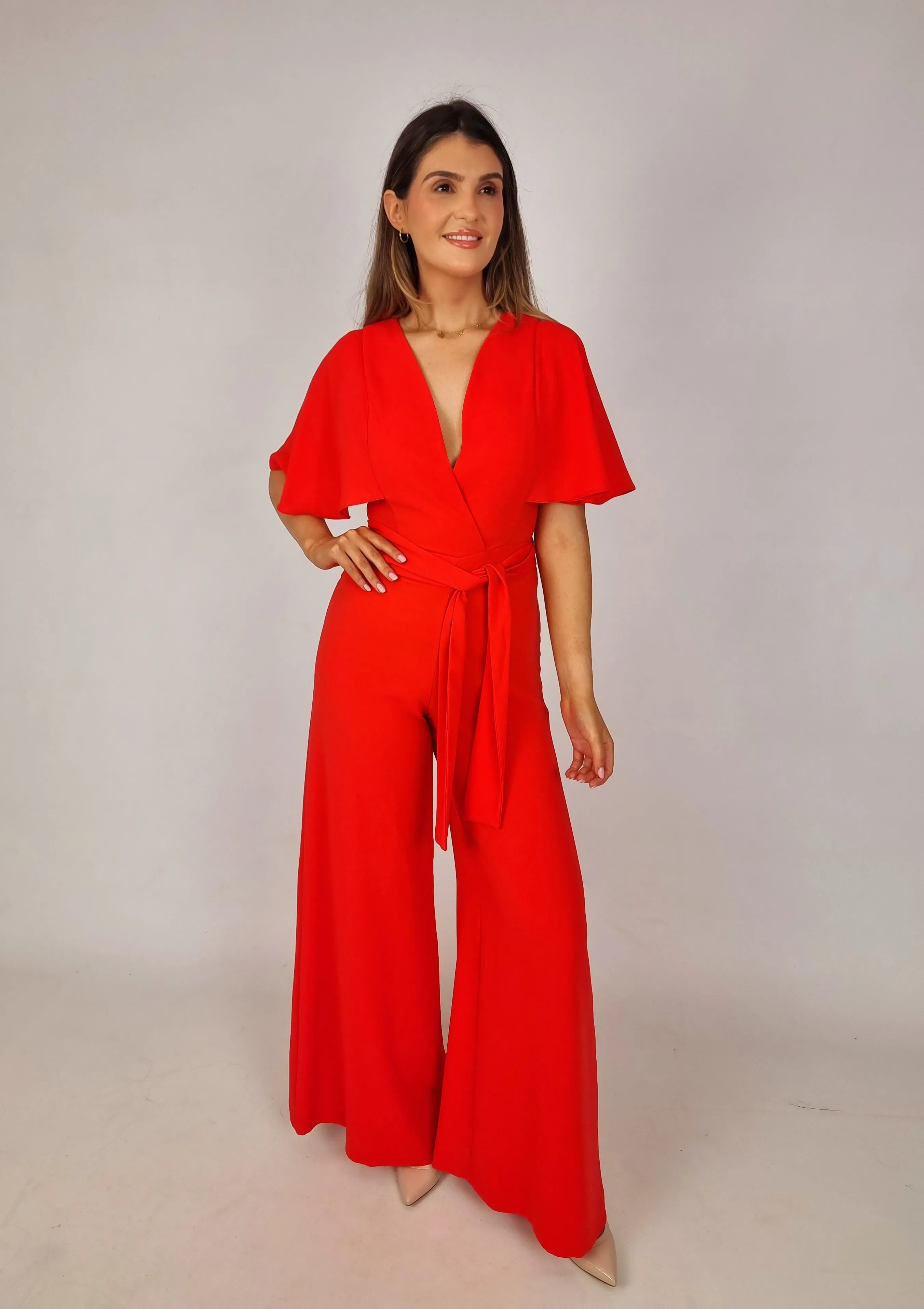 Access Orange Wrap Jumpsuit With Butterfly Sleeves