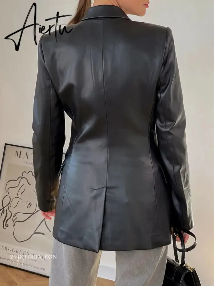 Aiertu  Autumn New Leather Blazer Jacket Women Spring PU Single Button Coat Fit Waist Motorcycle Fashion Jackets Street Outwear