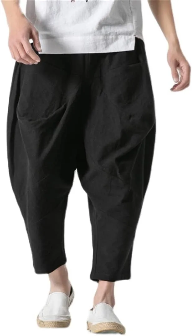 Alloaone Mens Wide Crotch Harem Pants Chinese Style Ankle-Length Pants Male Wide-Legged Bloomers Trousers