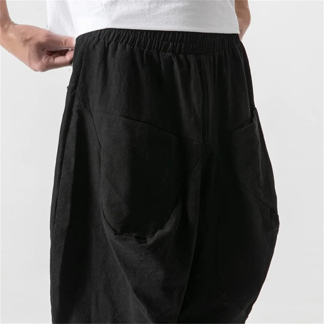 Alloaone Mens Wide Crotch Harem Pants Chinese Style Ankle-Length Pants Male Wide-Legged Bloomers Trousers