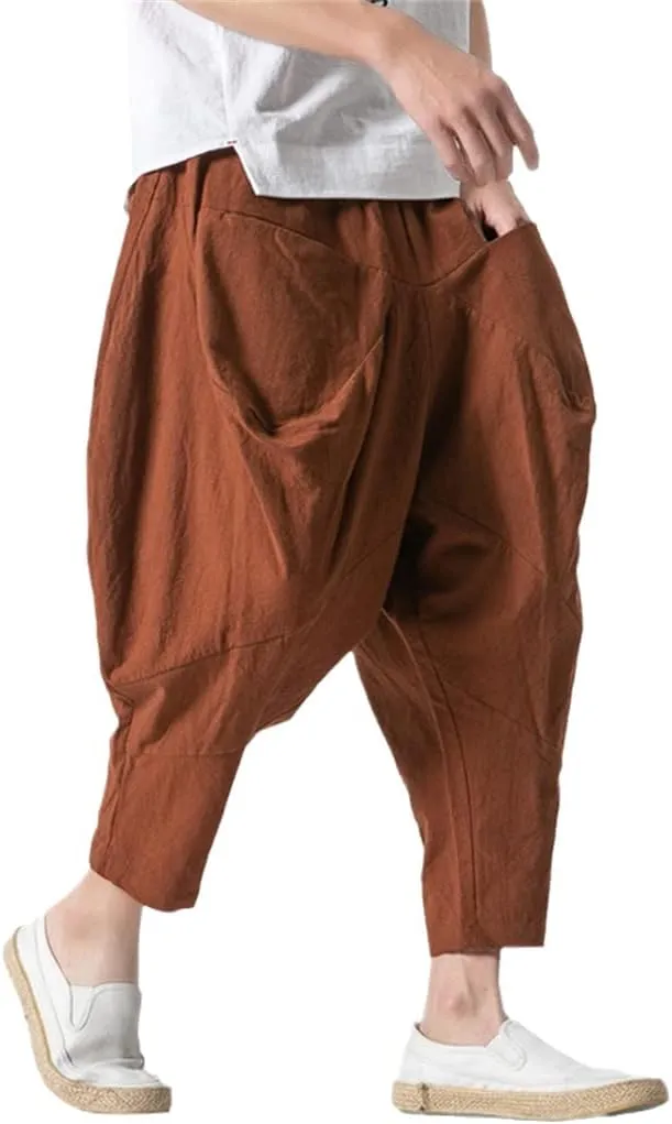Alloaone Mens Wide Crotch Harem Pants Chinese Style Ankle-Length Pants Male Wide-Legged Bloomers Trousers