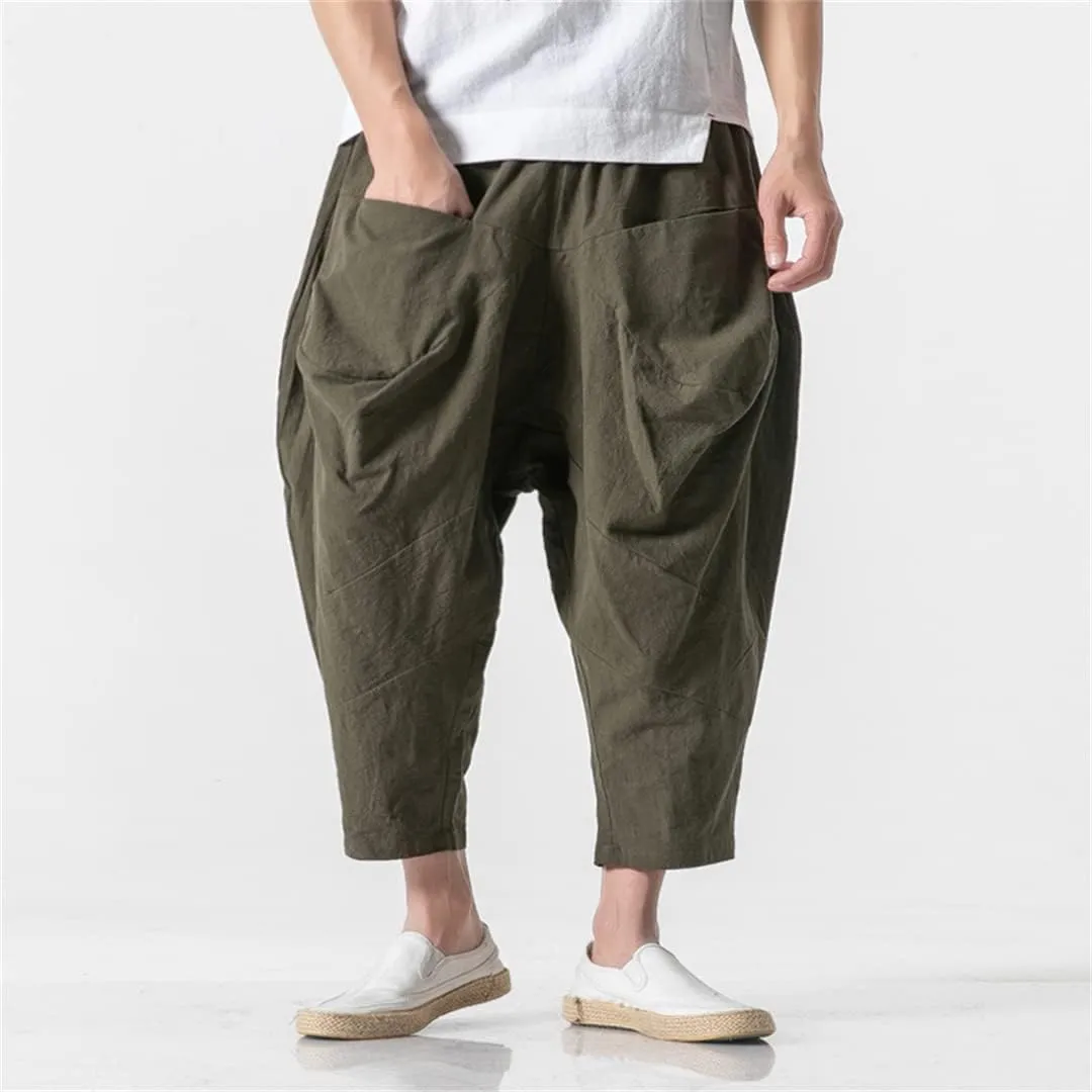 Alloaone Mens Wide Crotch Harem Pants Chinese Style Ankle-Length Pants Male Wide-Legged Bloomers Trousers