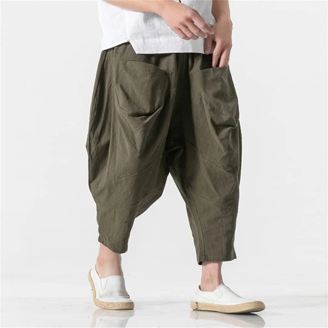 Alloaone Mens Wide Crotch Harem Pants Chinese Style Ankle-Length Pants Male Wide-Legged Bloomers Trousers
