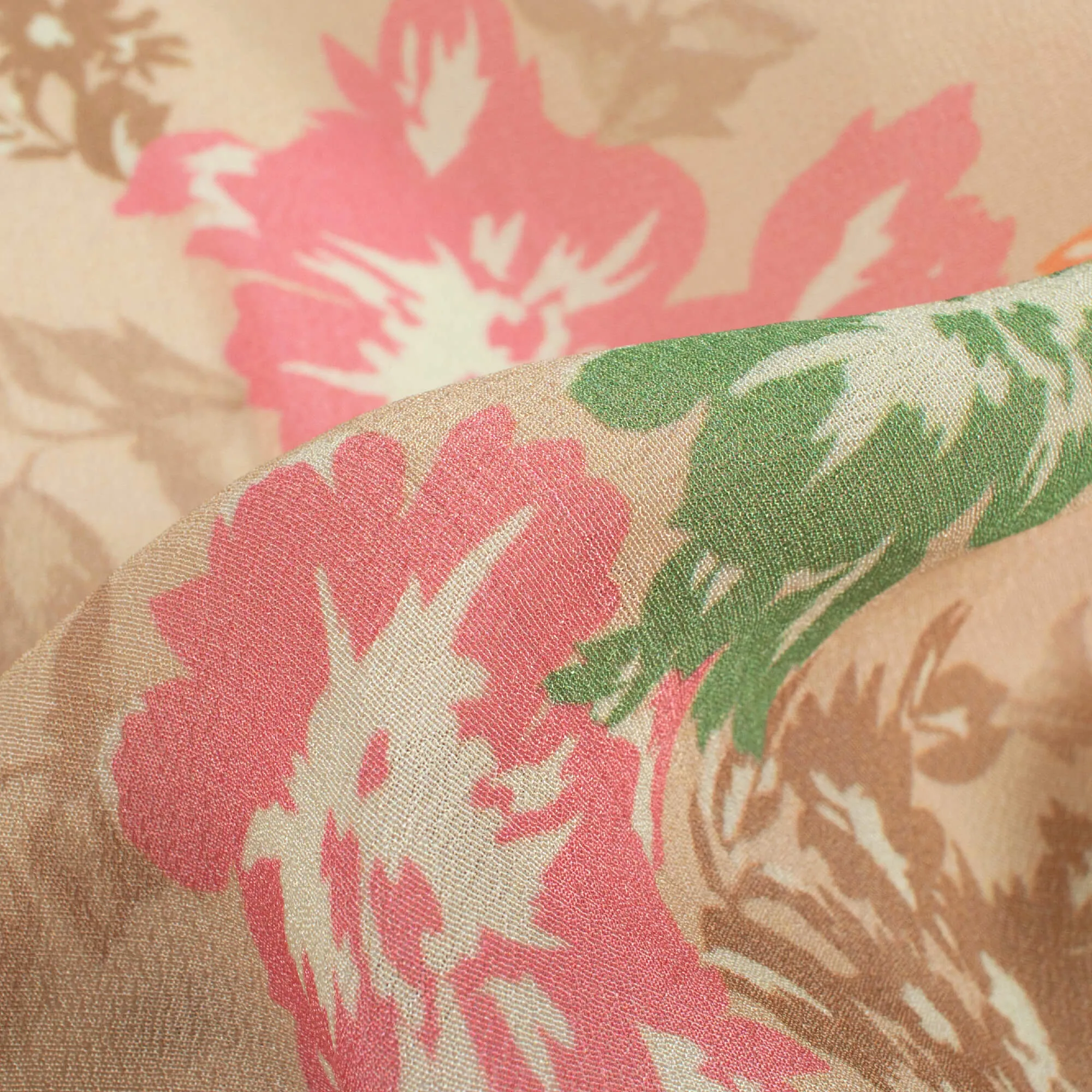 Artichock Green And Thulian Pink Floral Pattern Digital Print Viscose Natural Crepe Fabric