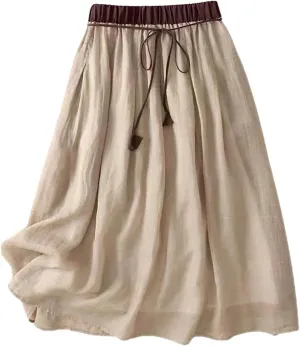 Cotton Linen Skirts for Women 2025 Summer Lightweight Beach Skirt Elastic Waist Lace-Up Flowy Boho Midi Skirt