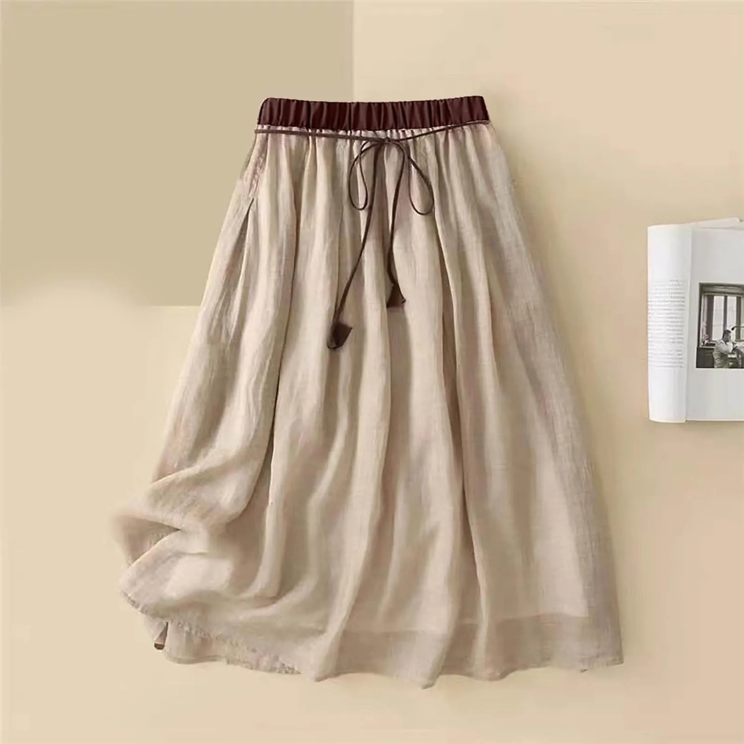 Cotton Linen Skirts for Women 2025 Summer Lightweight Beach Skirt Elastic Waist Lace-Up Flowy Boho Midi Skirt