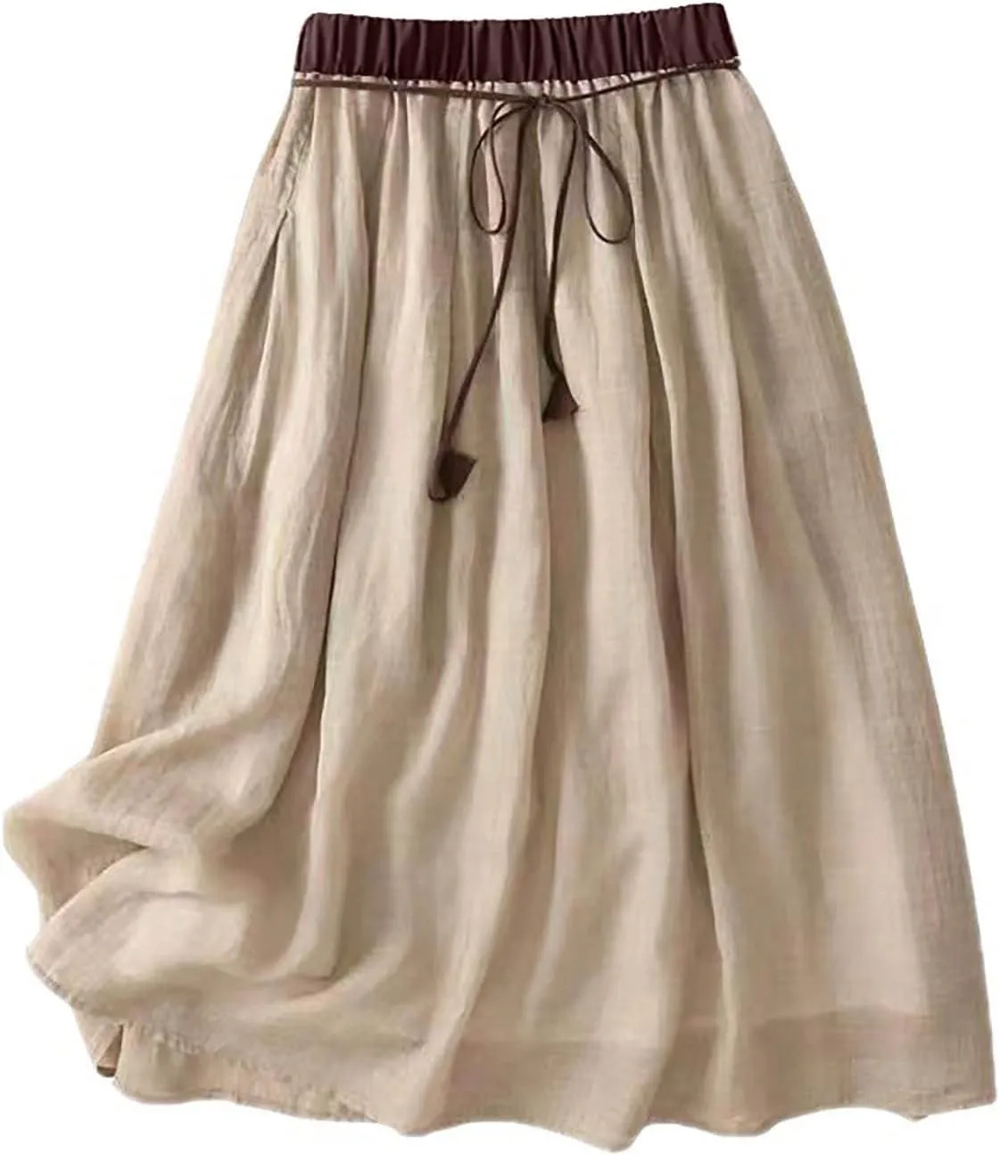 Cotton Linen Skirts for Women 2025 Summer Lightweight Beach Skirt Elastic Waist Lace-Up Flowy Boho Midi Skirt