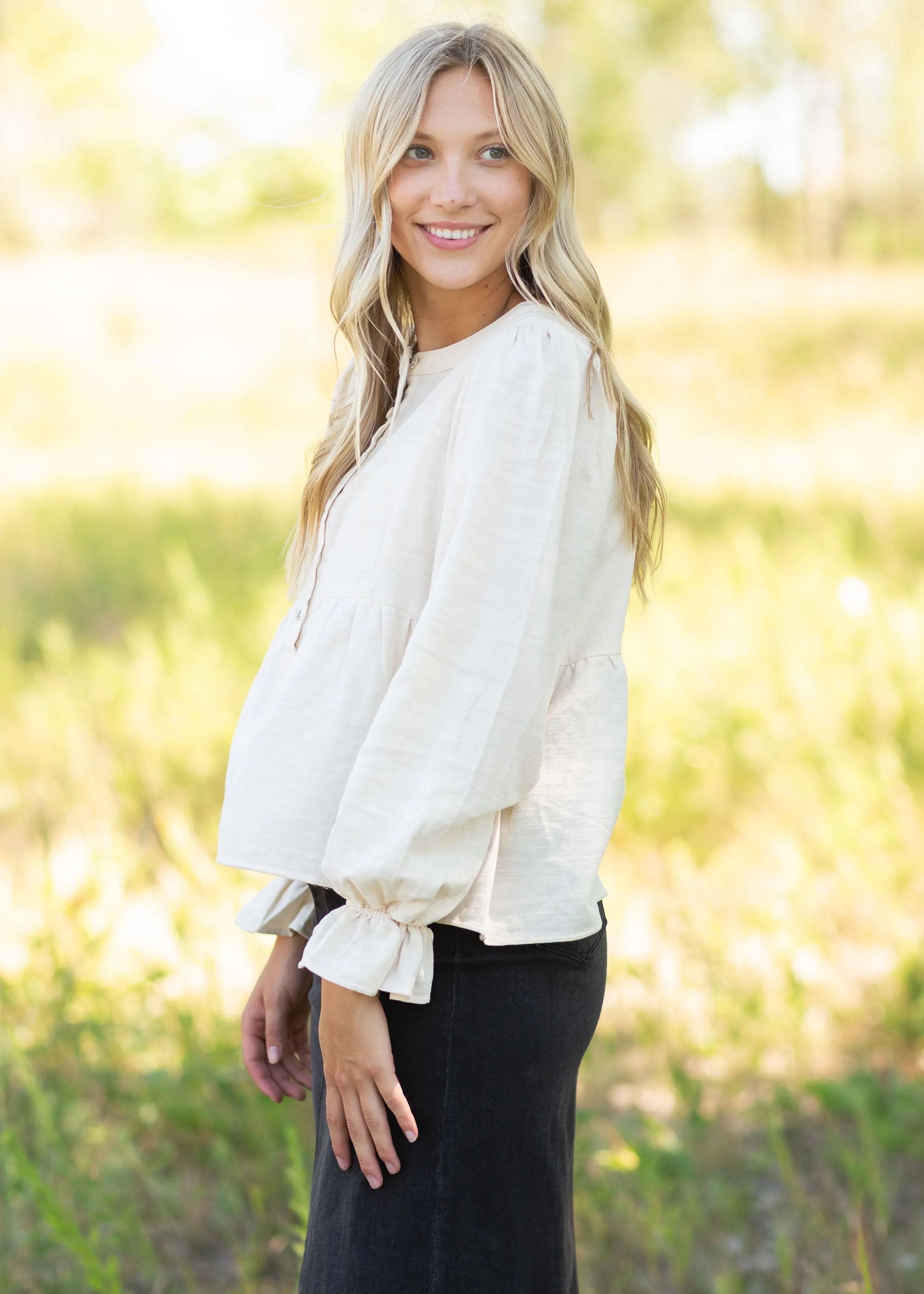 Cream Cinched Sleeve Button Up Top - FINAL SALE