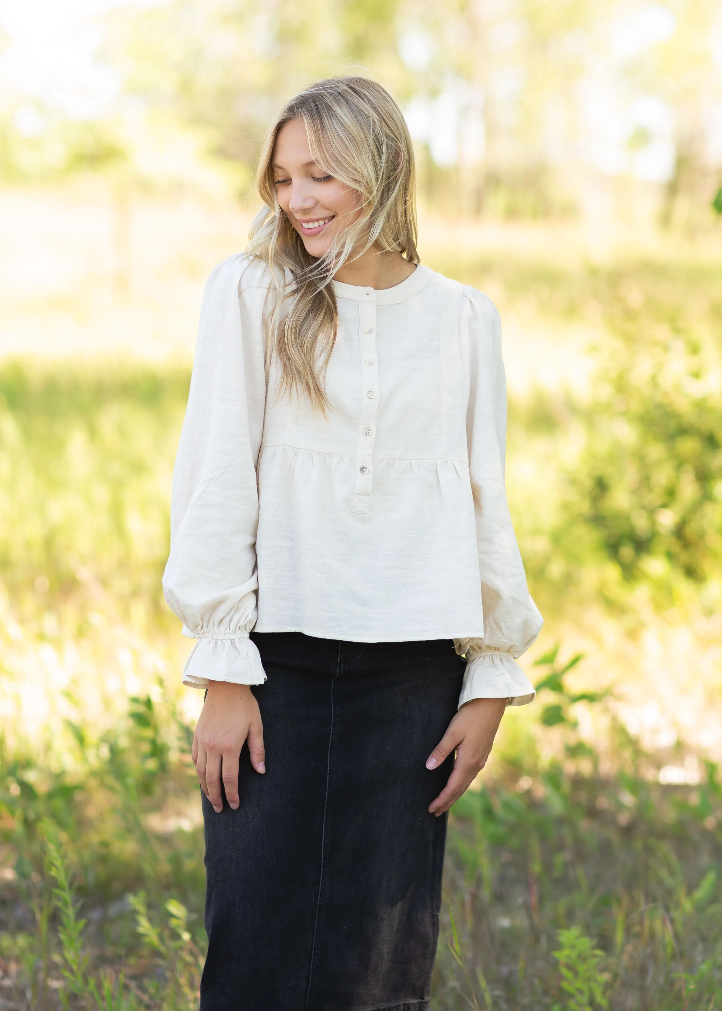 Cream Cinched Sleeve Button Up Top - FINAL SALE