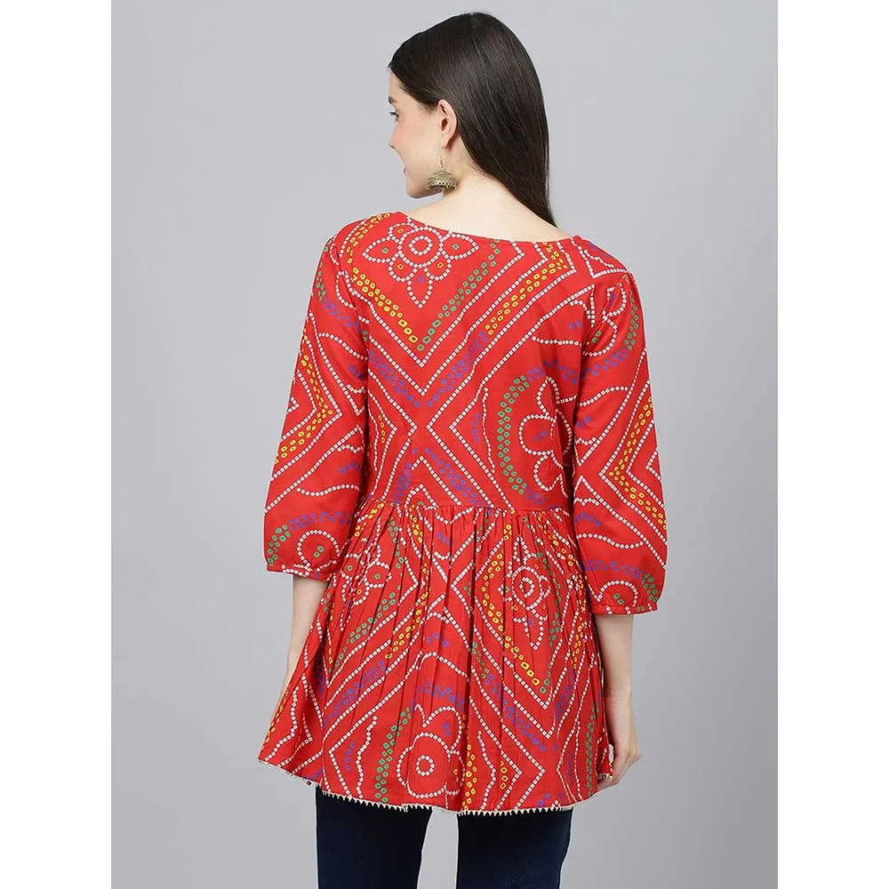 Divena Red Bandhani Printed Cotton Peplum Top
