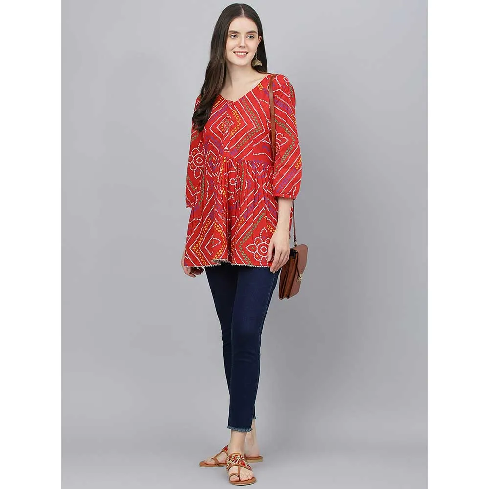 Divena Red Bandhani Printed Cotton Peplum Top