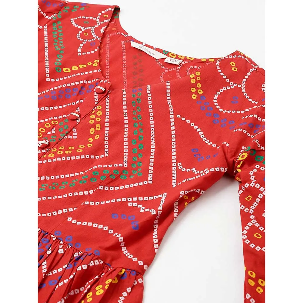 Divena Red Bandhani Printed Cotton Peplum Top