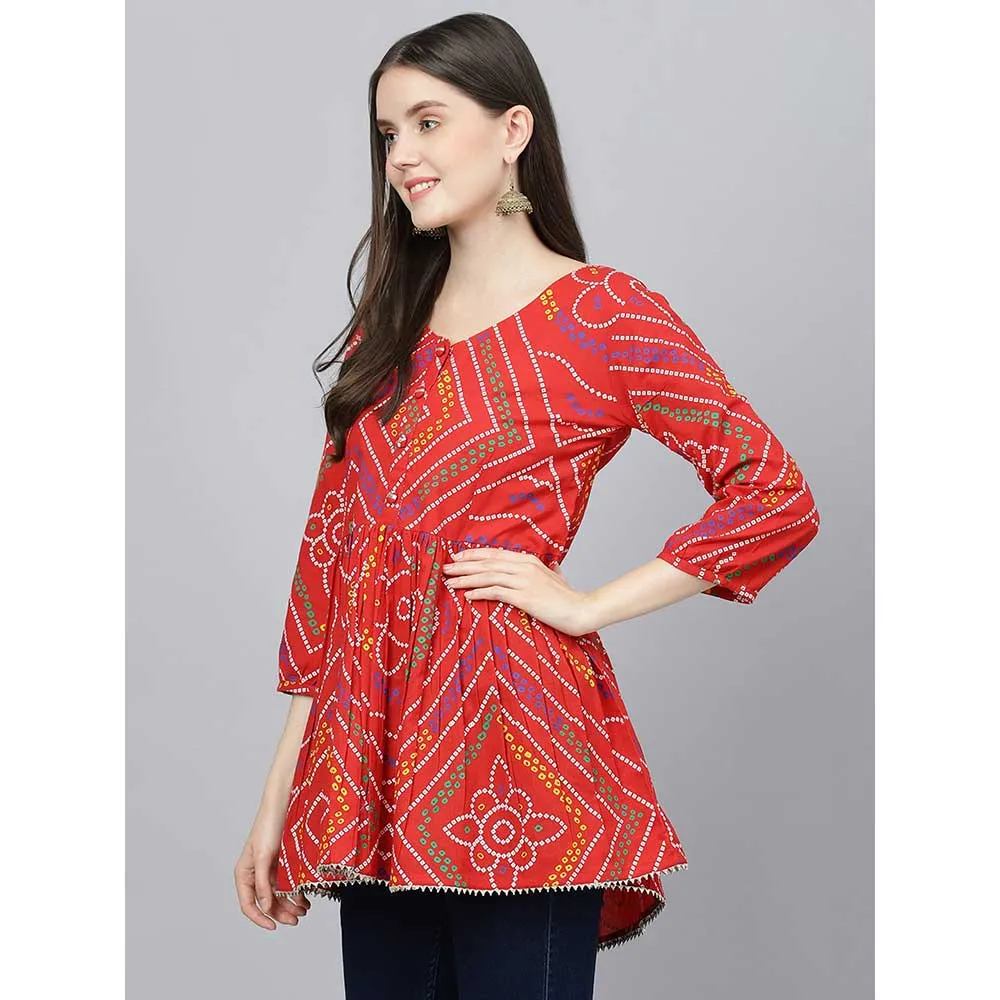 Divena Red Bandhani Printed Cotton Peplum Top