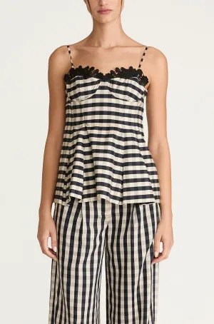 Gingham Twill Embroidered Bustier Tank
