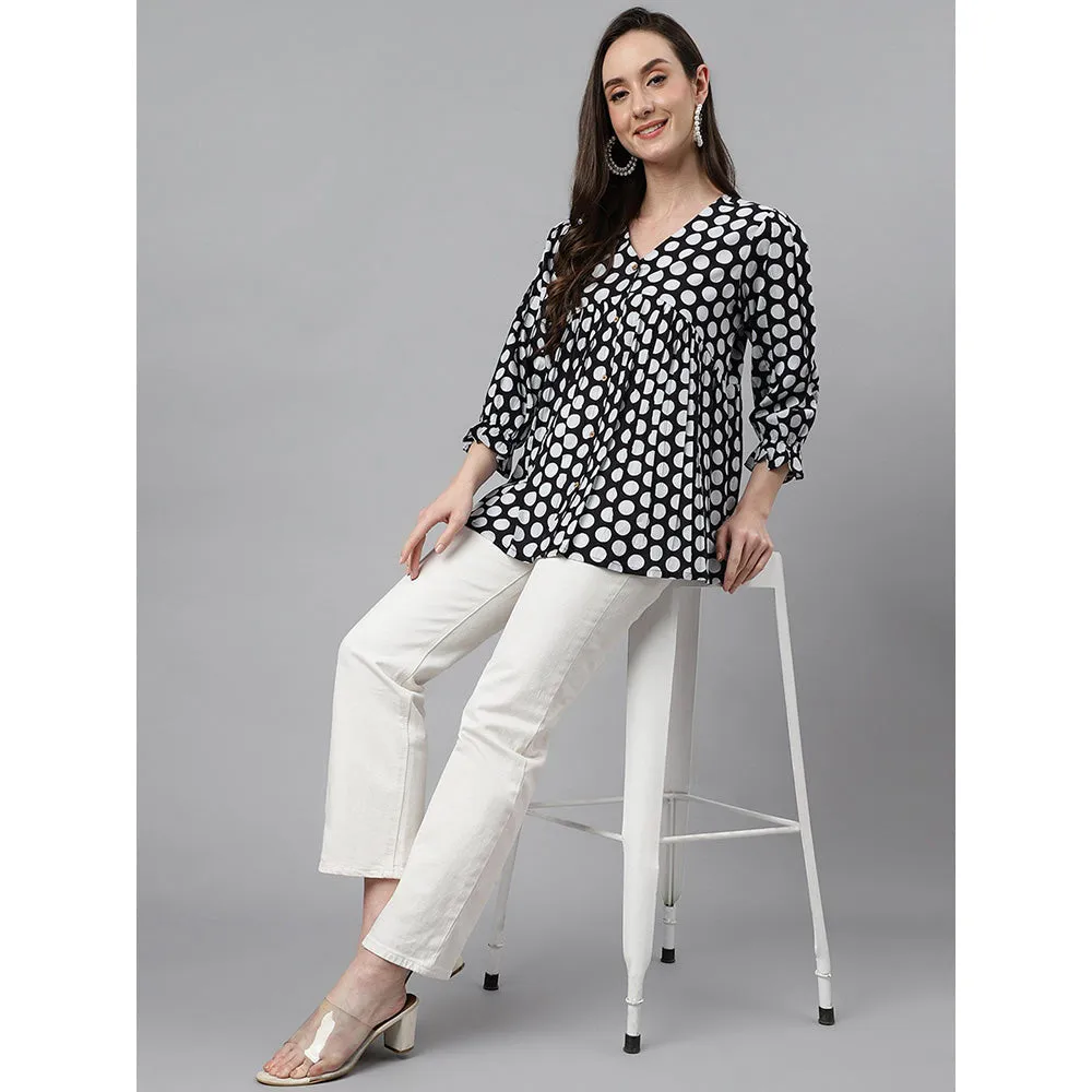 Janasya Black Cotton Polka Print Peplum Top