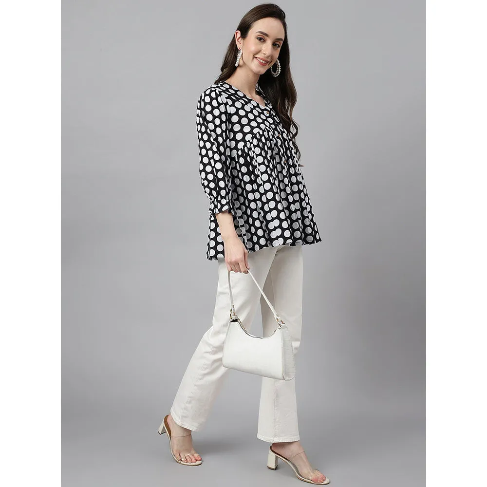 Janasya Black Cotton Polka Print Peplum Top