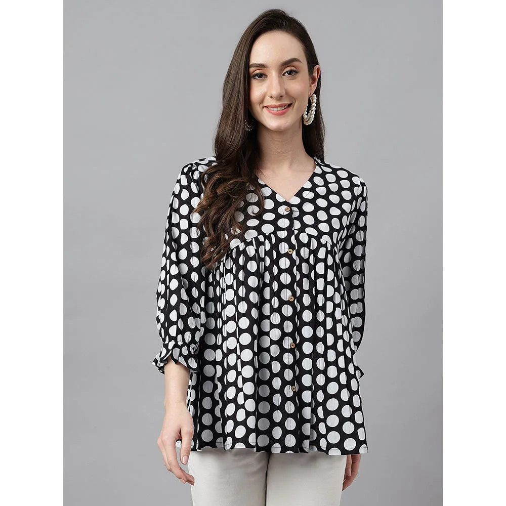 Janasya Black Cotton Polka Print Peplum Top