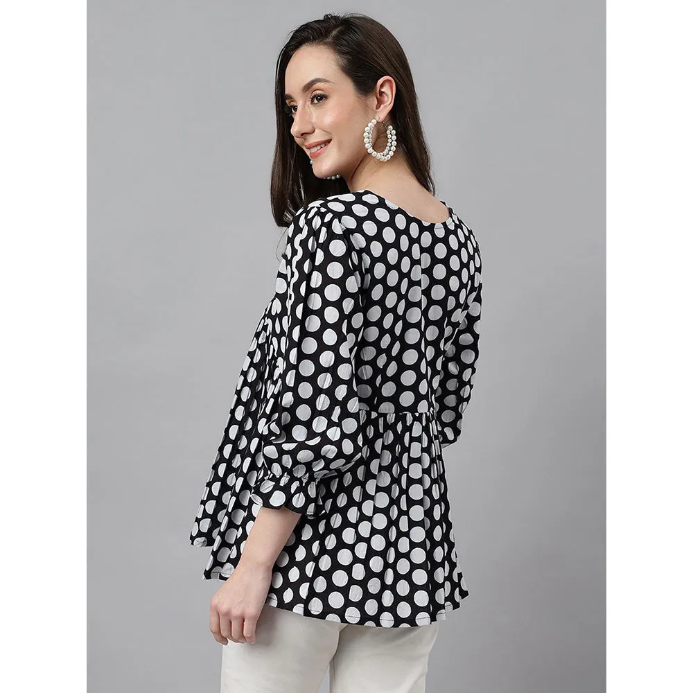 Janasya Black Cotton Polka Print Peplum Top