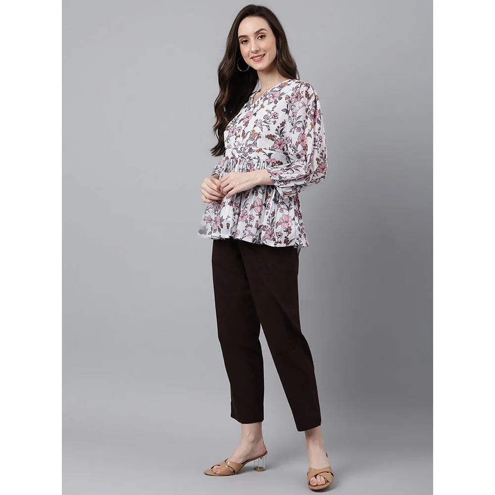 Janasya White Georgette Floral Print Peplum Top