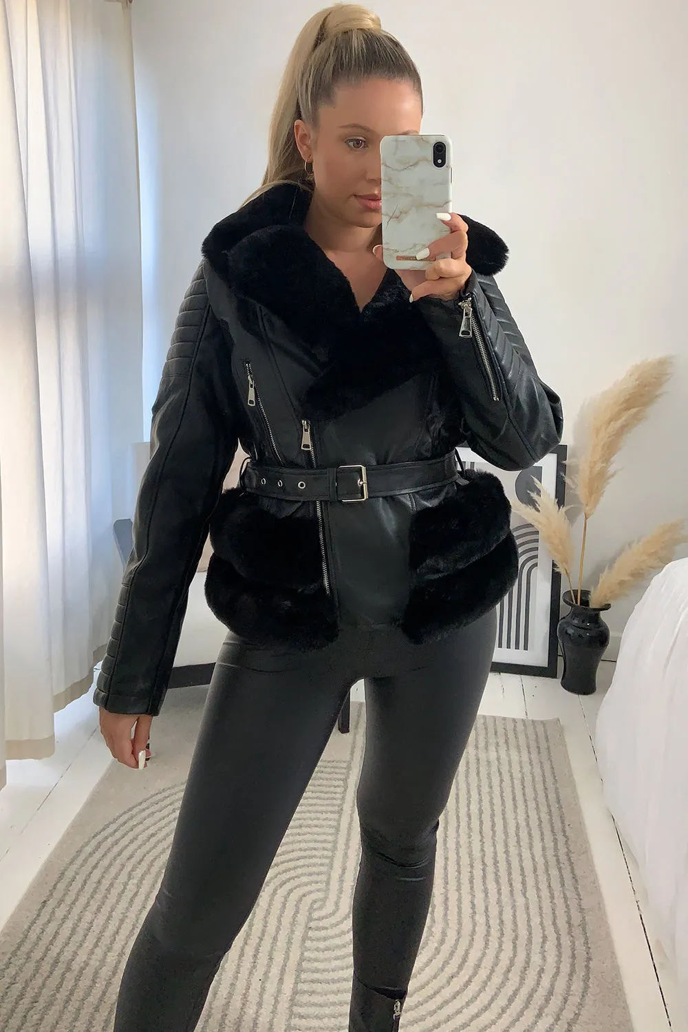 Kensley Black PU Faux Leather Faux Fur Trim Biker Jacket