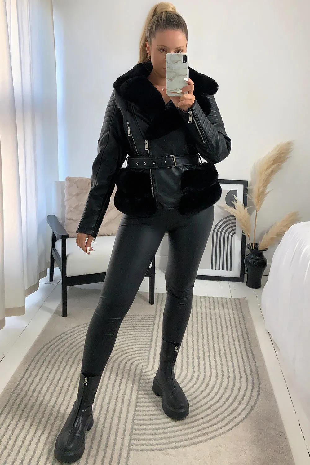 Kensley Black PU Faux Leather Faux Fur Trim Biker Jacket