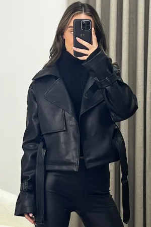 Leish Black Faux Leather PU Belted Cropped Biker Jacket