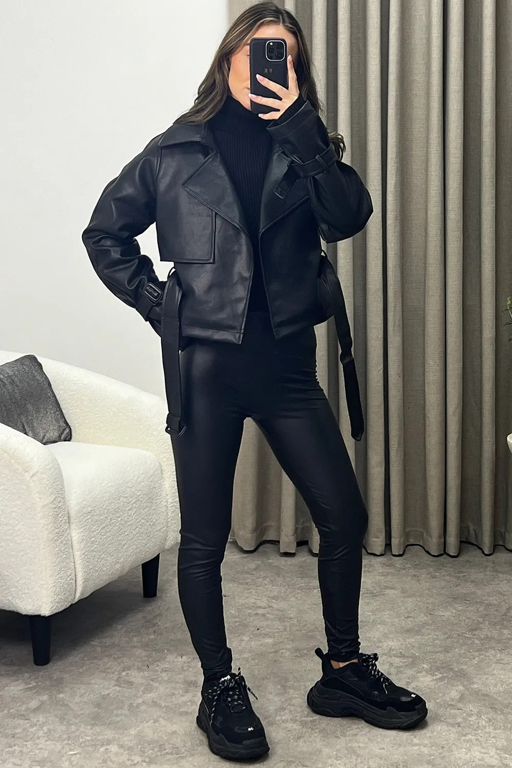 Leish Black Faux Leather PU Belted Cropped Biker Jacket