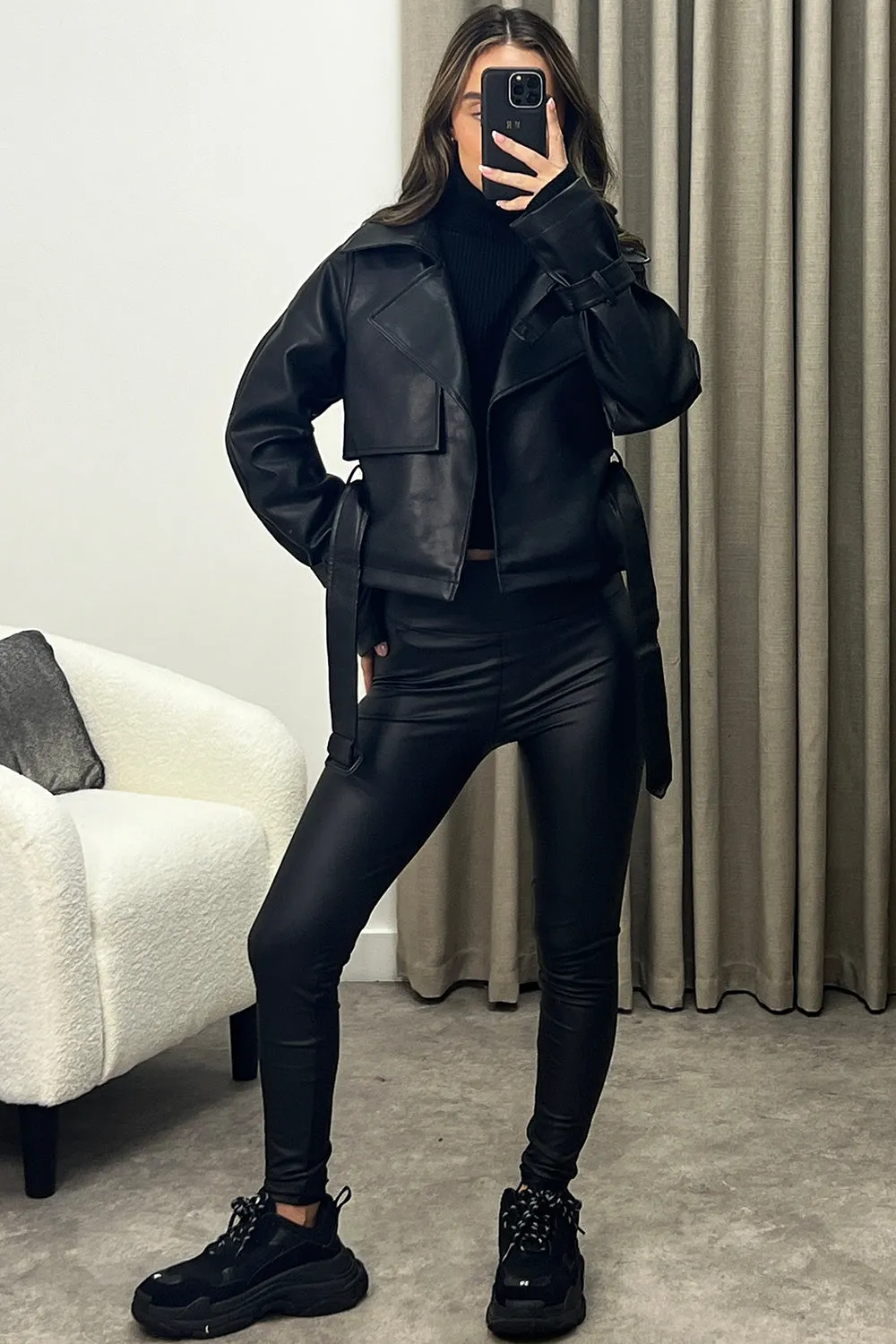 Leish Black Faux Leather PU Belted Cropped Biker Jacket