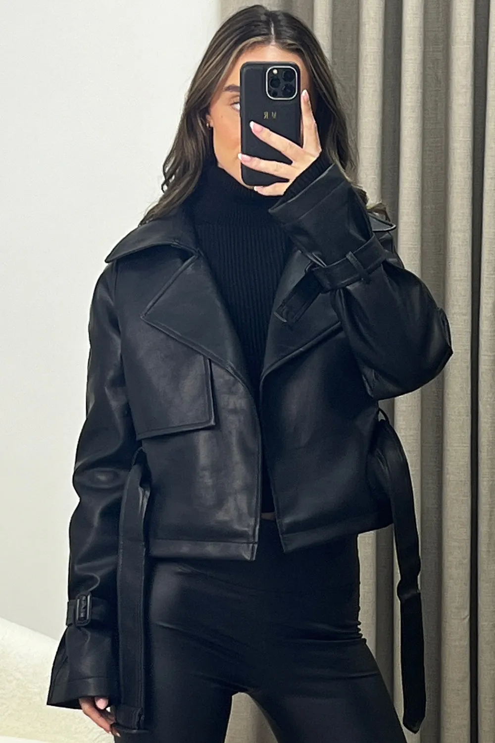 Leish Black Faux Leather PU Belted Cropped Biker Jacket