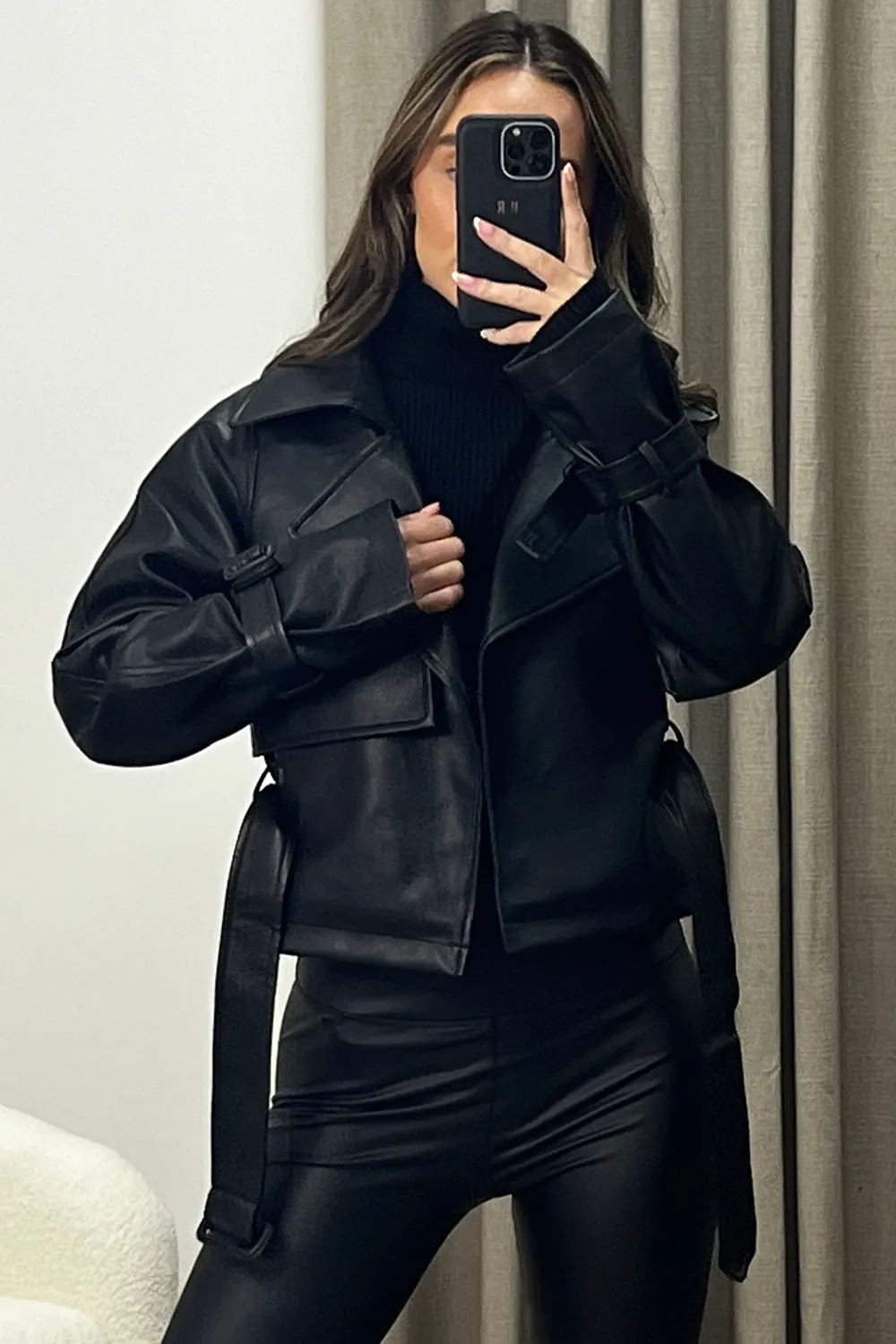 Leish Black Faux Leather PU Belted Cropped Biker Jacket