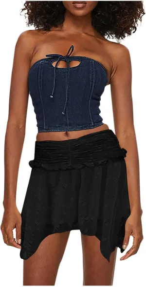 Mini Skirt for Women Solid Sexy Lace Low Rise Layered Pleated Flowy Skirts Casual Fashion Flowy Asymmetrical Skorts