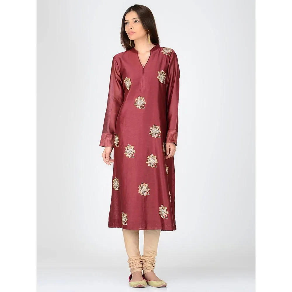 Smriti Gupta Chanderi Hand Embroidery Rust Kurta