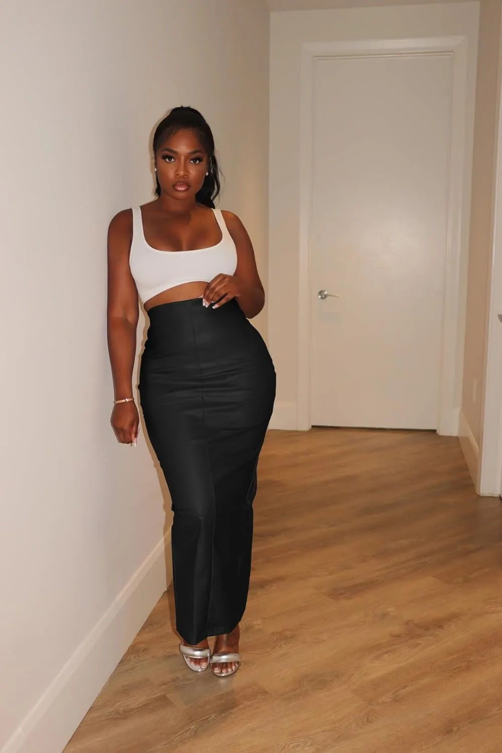 THLAI Women Faux Leather Skirt Pu Midi Skirt Back Split Pencil Skirt Y2k Bodycon Skirts Long Leather Skirt