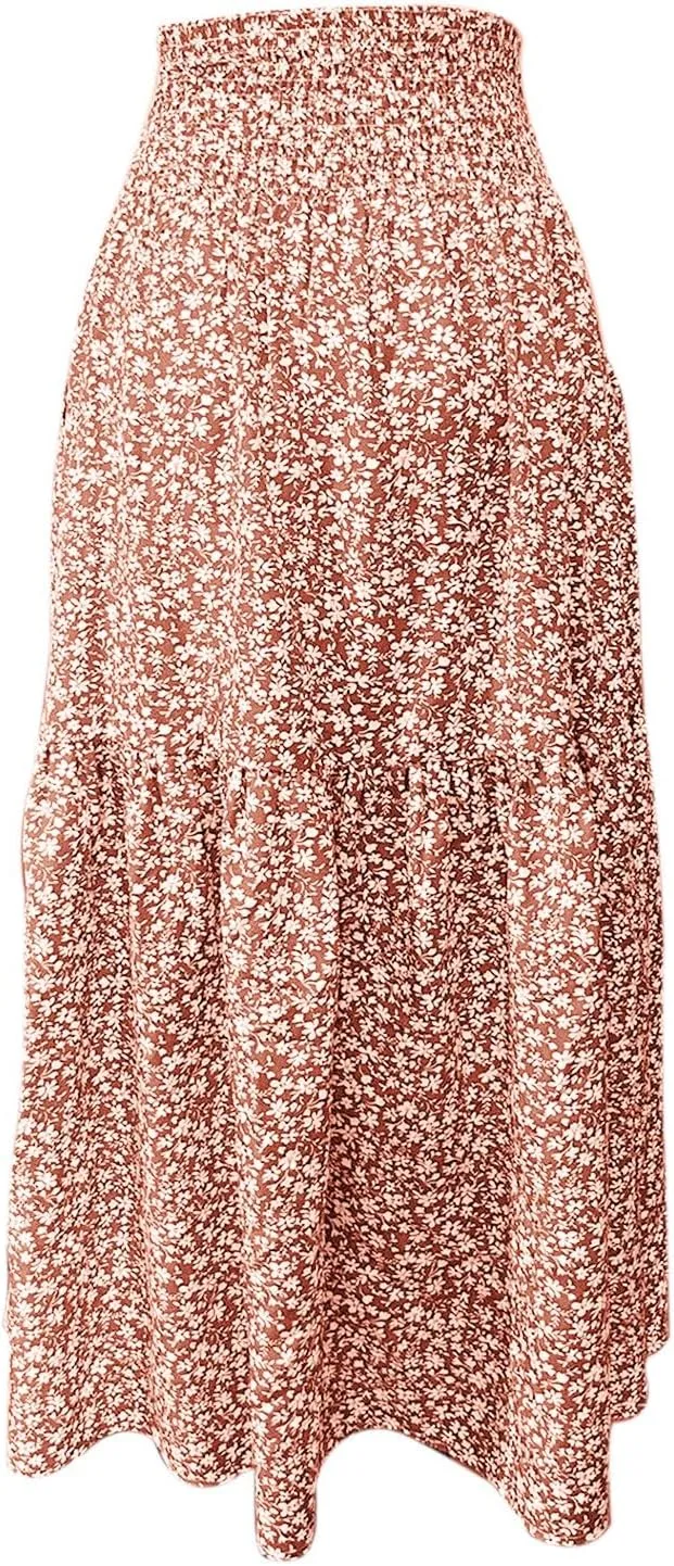 Women Flowy Long Boho Floral Maxi Skirt Elastic High Waist Tiered Pleated Summer Casual Beach Skirt