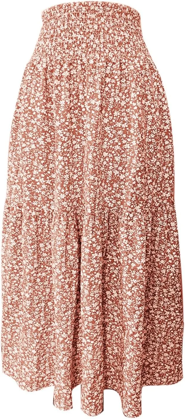 Women Flowy Long Boho Floral Maxi Skirt Elastic High Waist Tiered Pleated Summer Casual Beach Skirt