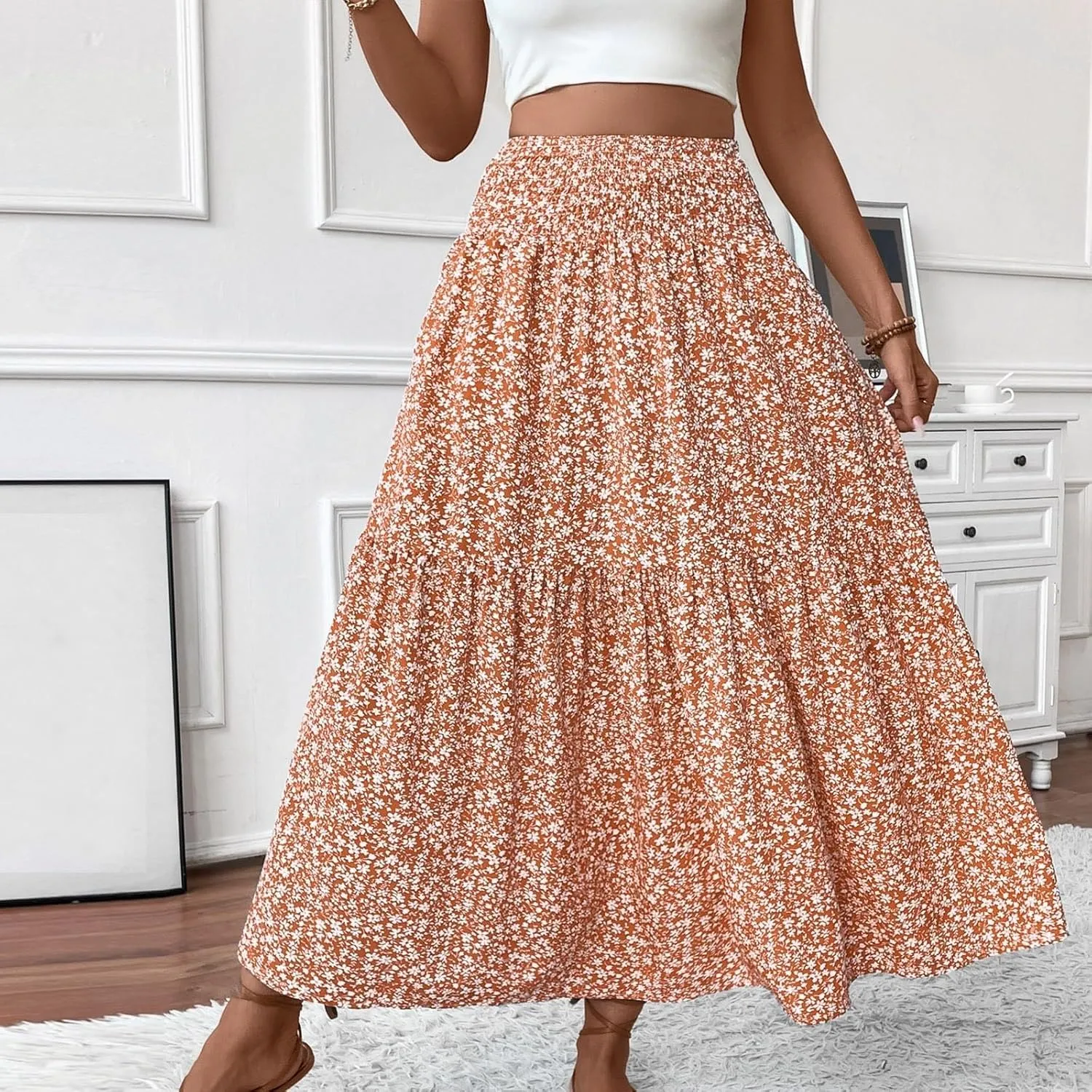 Women Flowy Long Boho Floral Maxi Skirt Elastic High Waist Tiered Pleated Summer Casual Beach Skirt