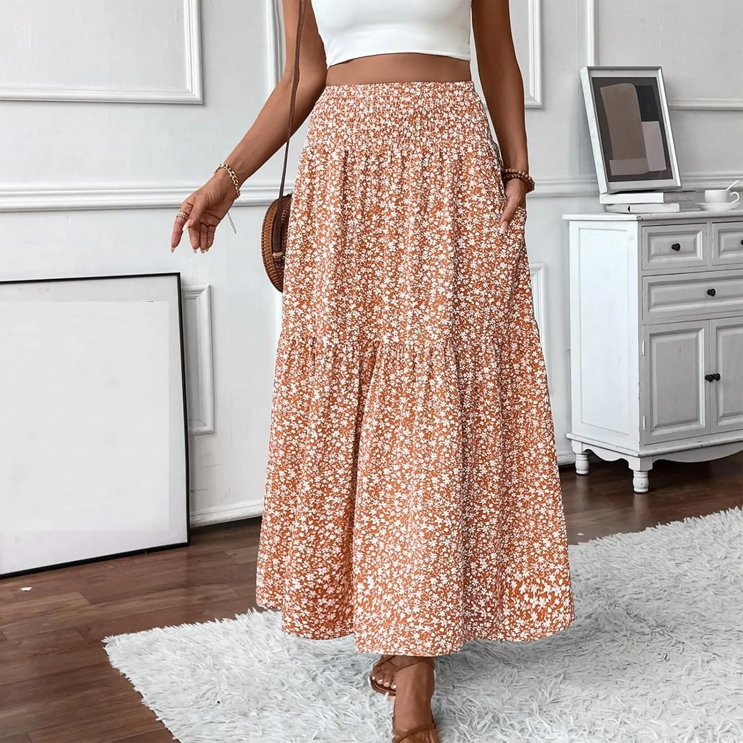 Women Flowy Long Boho Floral Maxi Skirt Elastic High Waist Tiered Pleated Summer Casual Beach Skirt