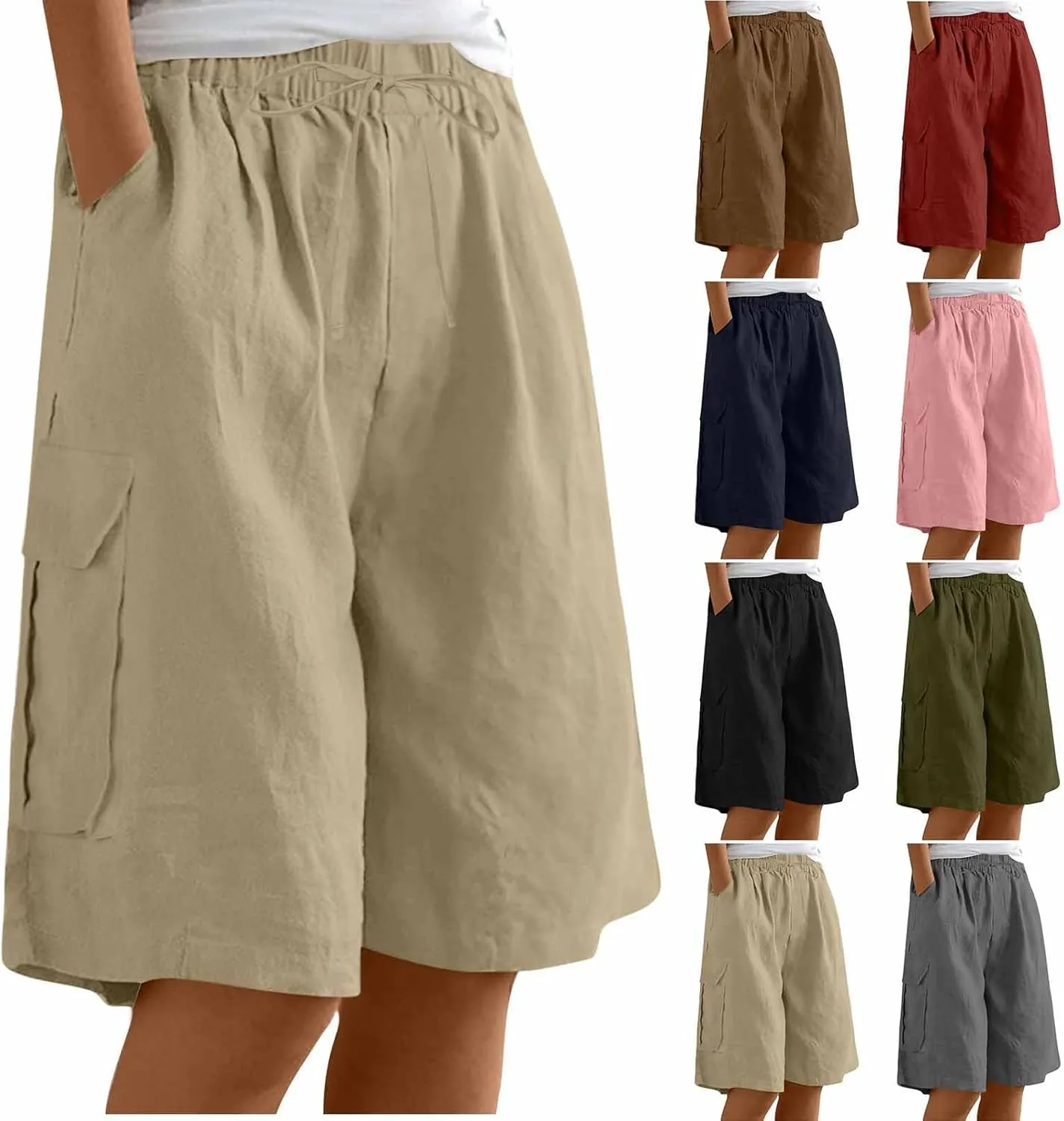 Women's Cargo Bermuda Shorts 2025 Summer Linen Wide Leg Pants Elastic Waisted Casual Baggy Beach Shorts with Pockets