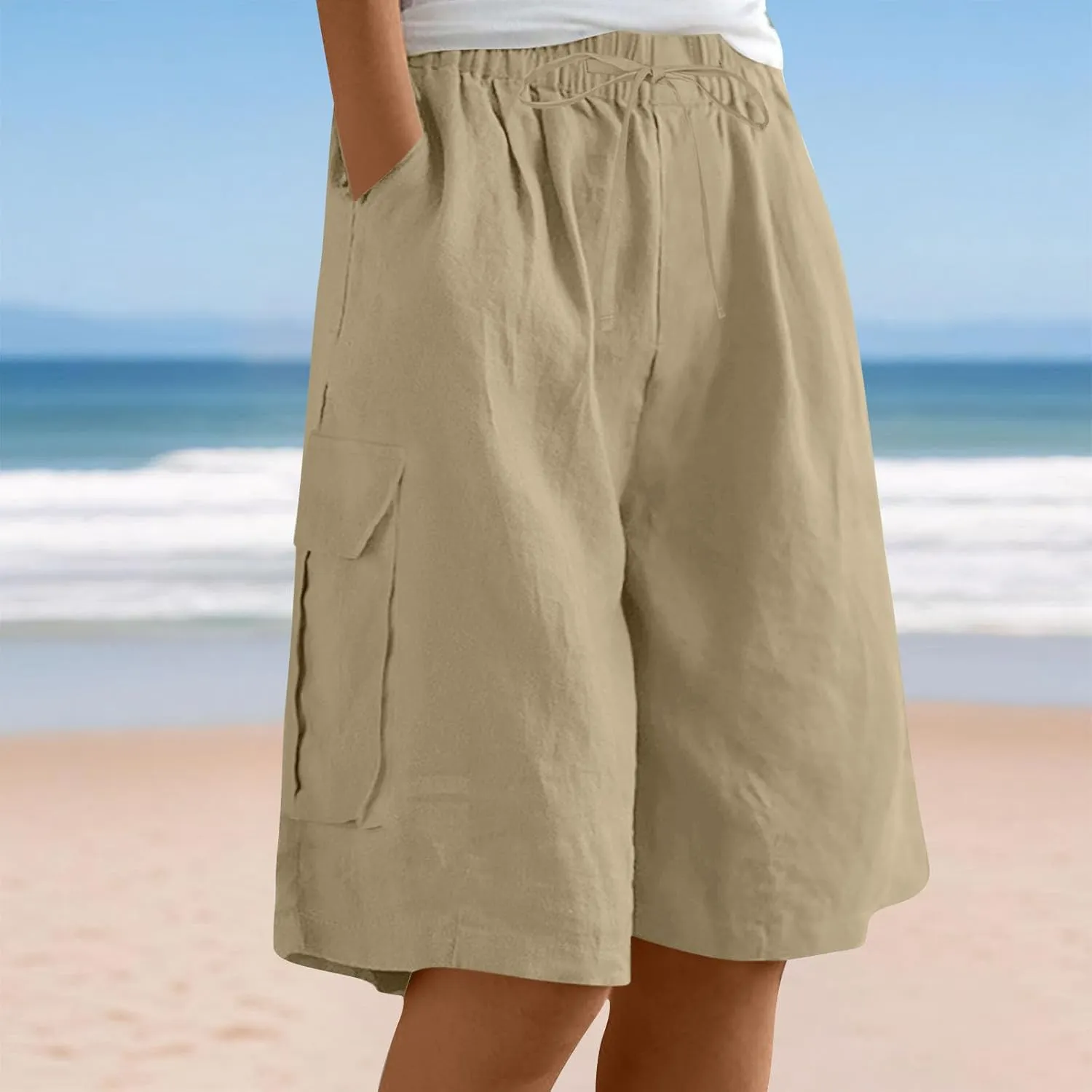 Women's Cargo Bermuda Shorts 2025 Summer Linen Wide Leg Pants Elastic Waisted Casual Baggy Beach Shorts with Pockets