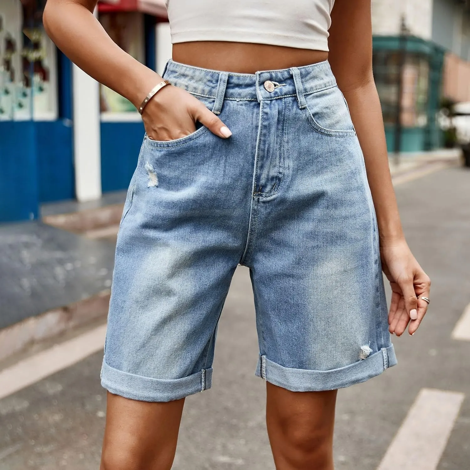 Women's Denim Bermuda Shorts High Waisted Straight Leg Casual Ripped Rolled Hem Jean Shorts with Pockets Streetwear
