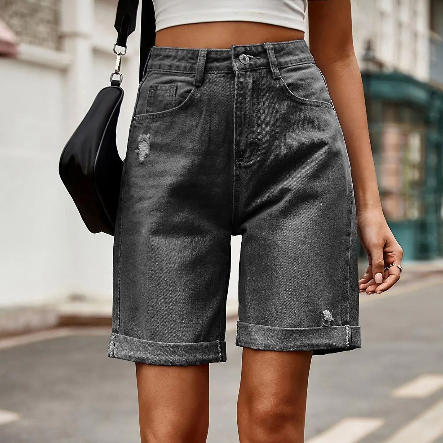 Women's Denim Bermuda Shorts High Waisted Straight Leg Casual Ripped Rolled Hem Jean Shorts with Pockets Streetwear