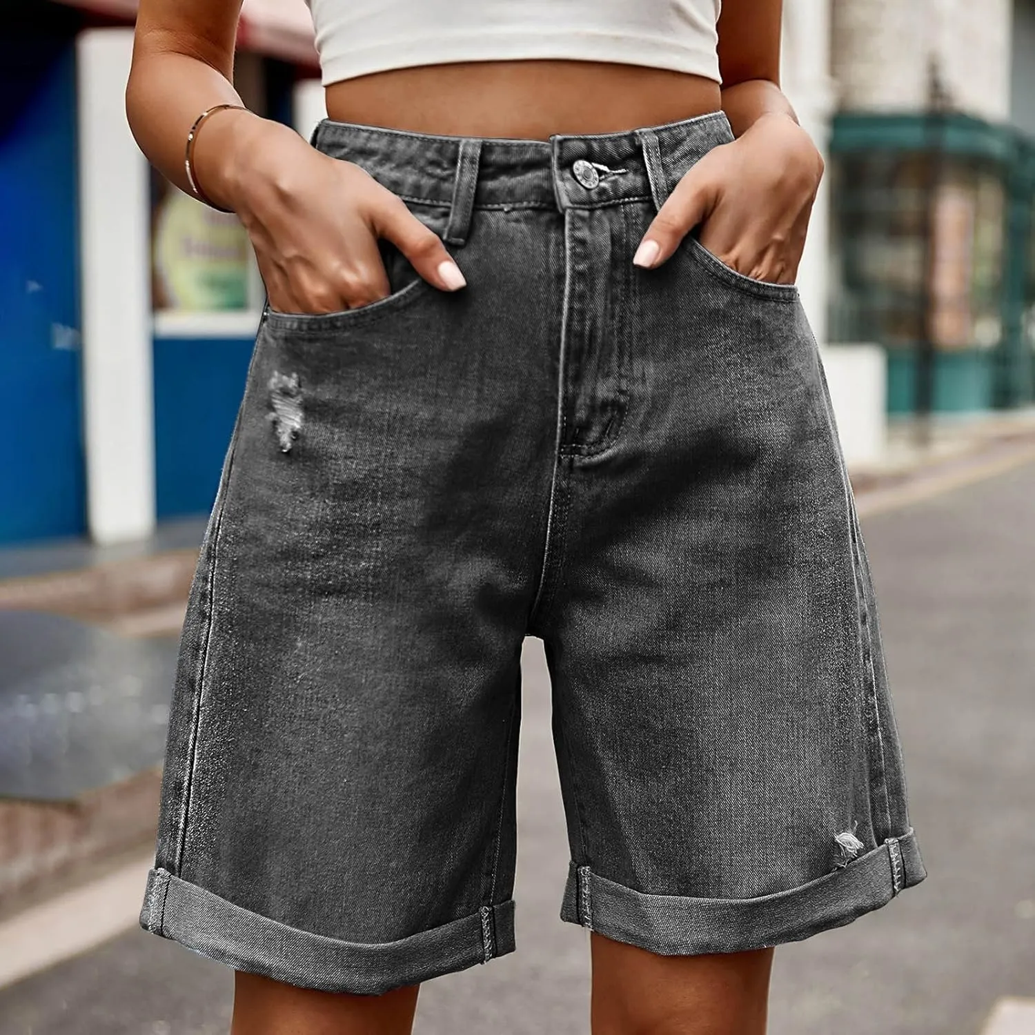 Women's Denim Bermuda Shorts High Waisted Straight Leg Casual Ripped Rolled Hem Jean Shorts with Pockets Streetwear