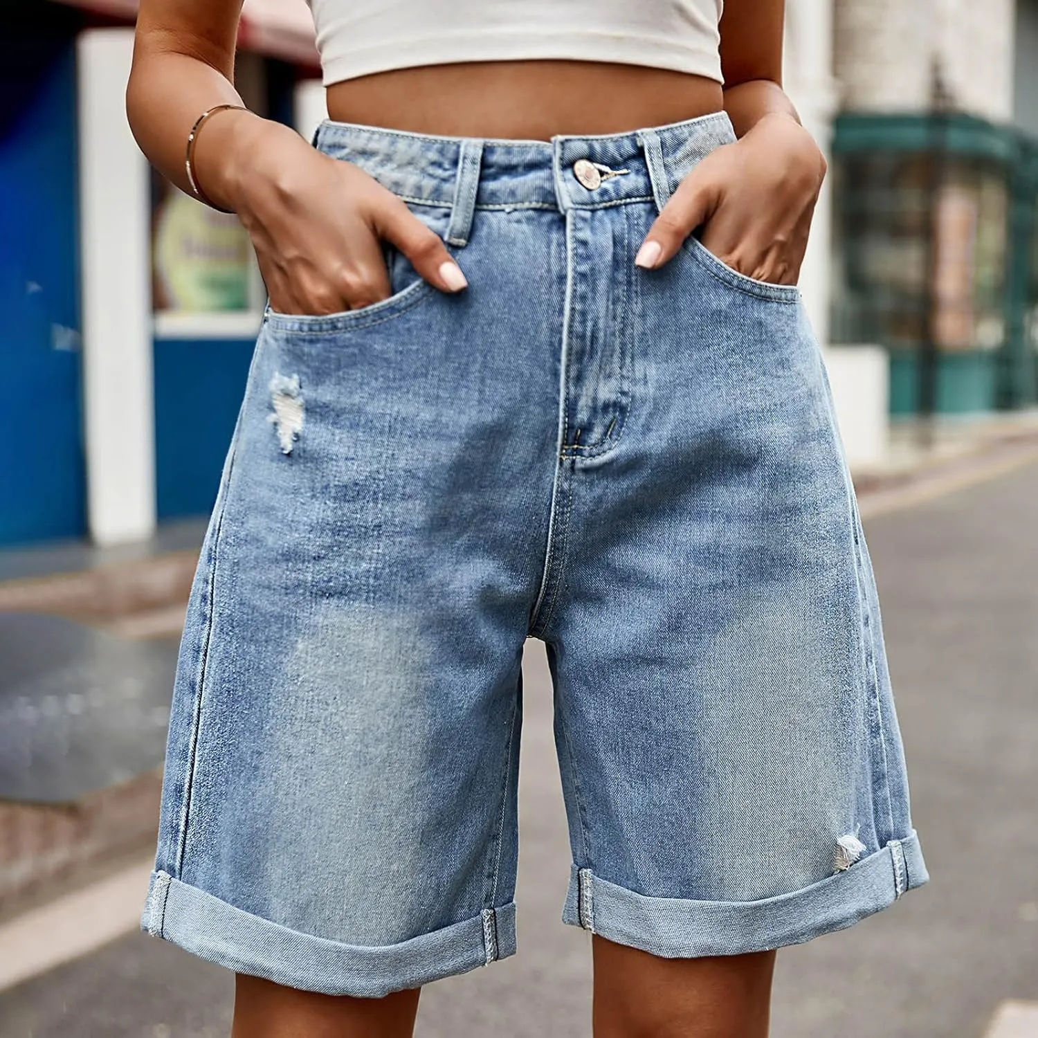 Women's Denim Bermuda Shorts High Waisted Straight Leg Casual Ripped Rolled Hem Jean Shorts with Pockets Streetwear