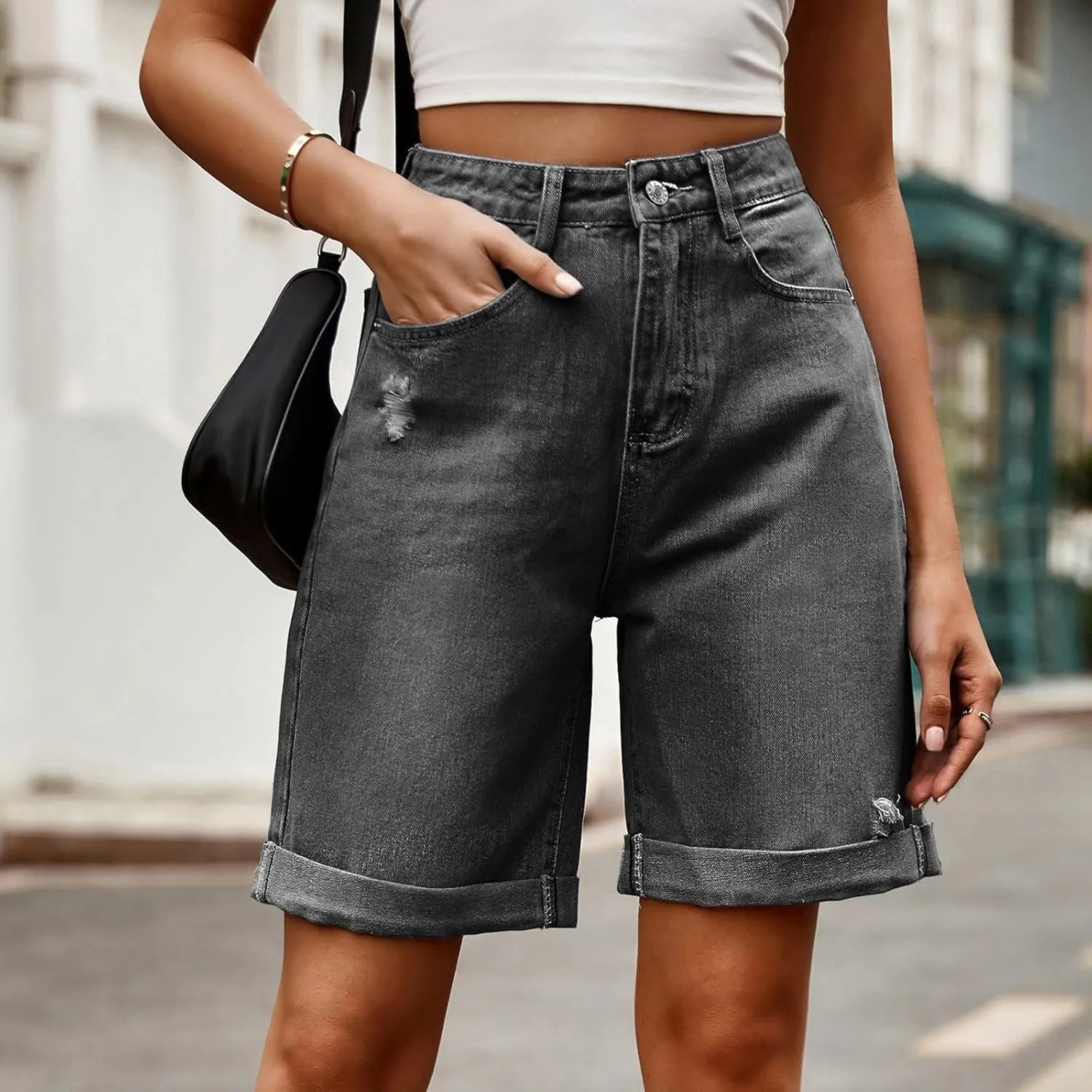 Women's Denim Bermuda Shorts High Waisted Straight Leg Casual Ripped Rolled Hem Jean Shorts with Pockets Streetwear
