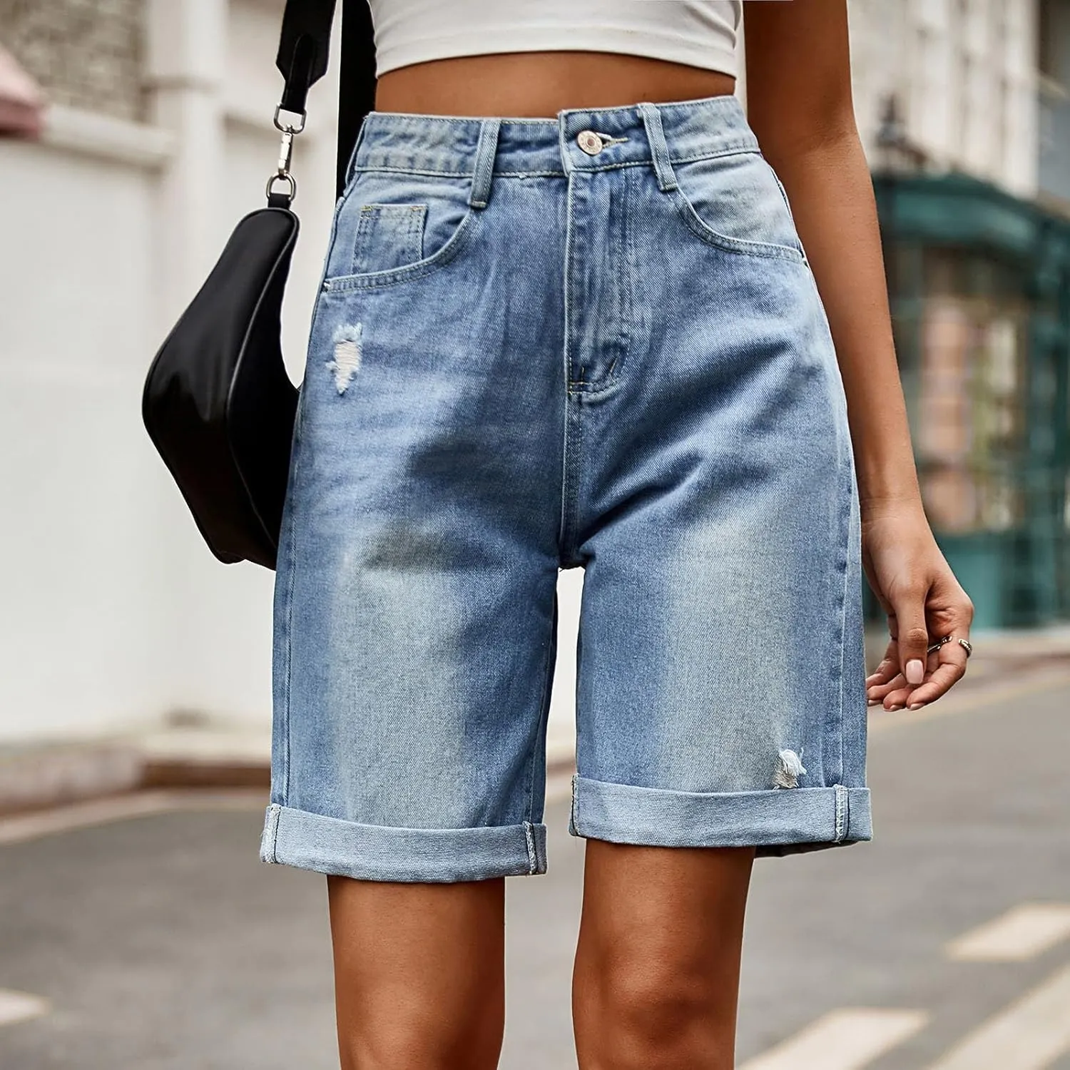Women's Denim Bermuda Shorts High Waisted Straight Leg Casual Ripped Rolled Hem Jean Shorts with Pockets Streetwear