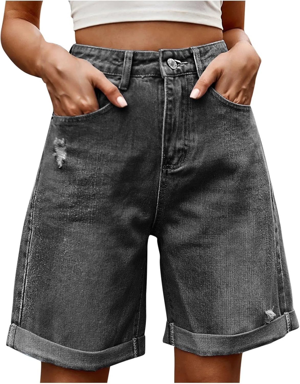 Women's Denim Bermuda Shorts High Waisted Straight Leg Casual Ripped Rolled Hem Jean Shorts with Pockets Streetwear