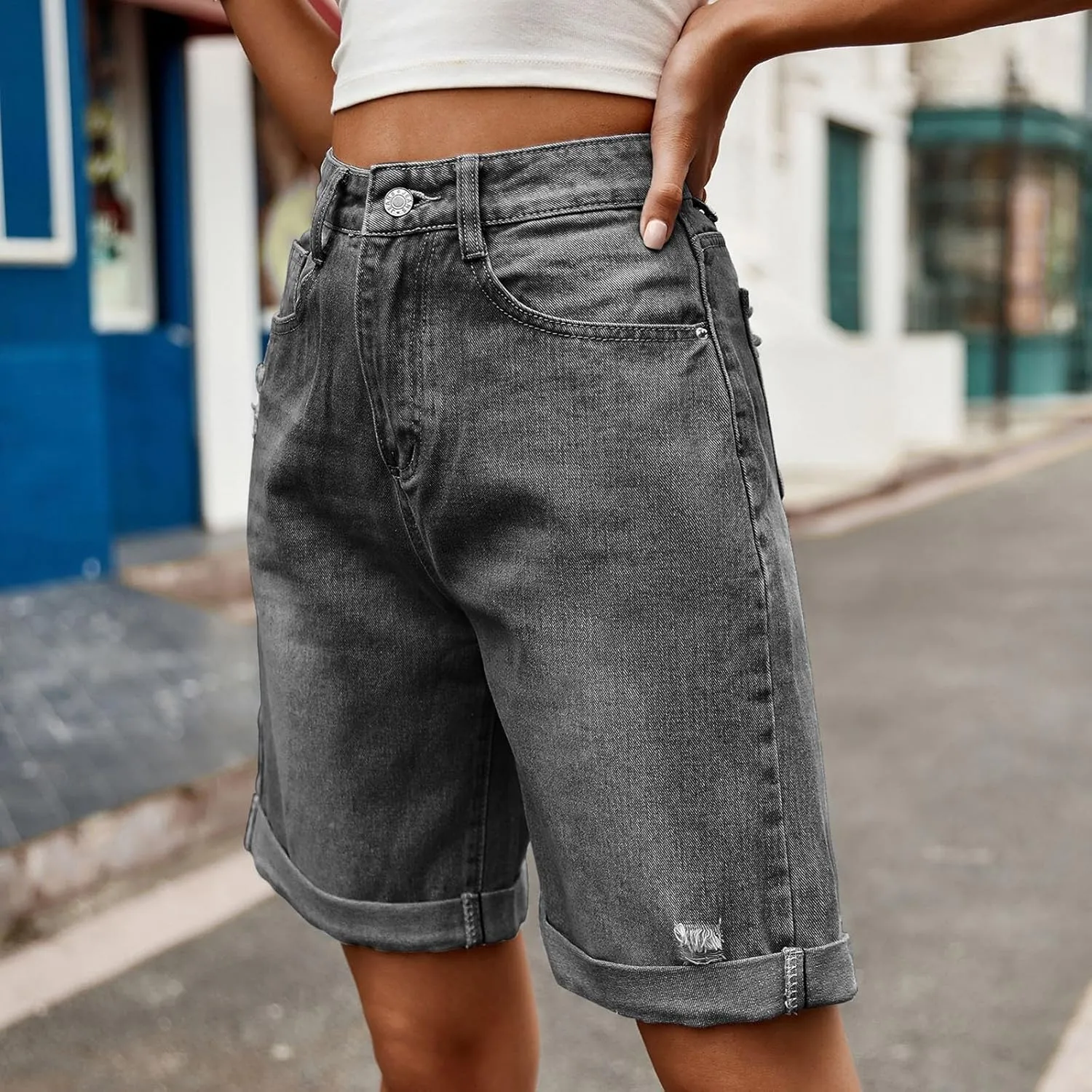 Women's Denim Bermuda Shorts High Waisted Straight Leg Casual Ripped Rolled Hem Jean Shorts with Pockets Streetwear