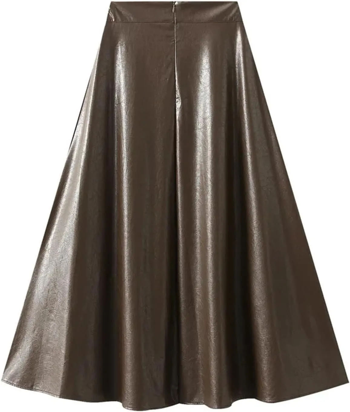 Women's Faux Leather All Match Skirt Vintage High Wiast Bodycon Midi PU Leather Pleated Skirt