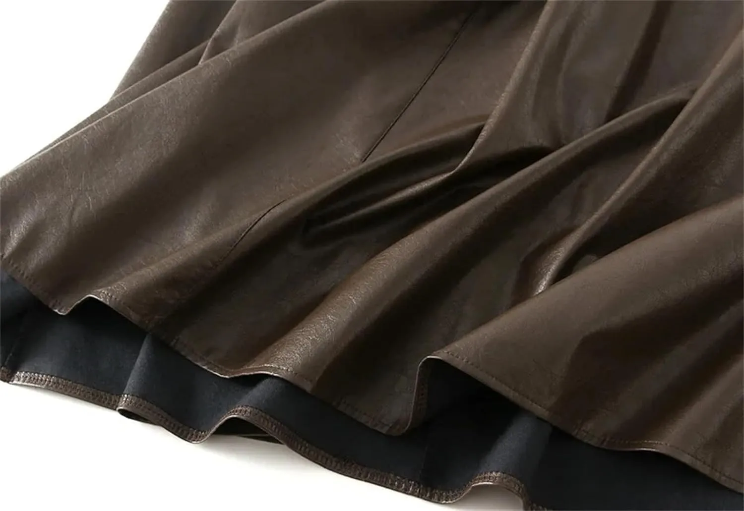 Women's Faux Leather All Match Skirt Vintage High Wiast Bodycon Midi PU Leather Pleated Skirt