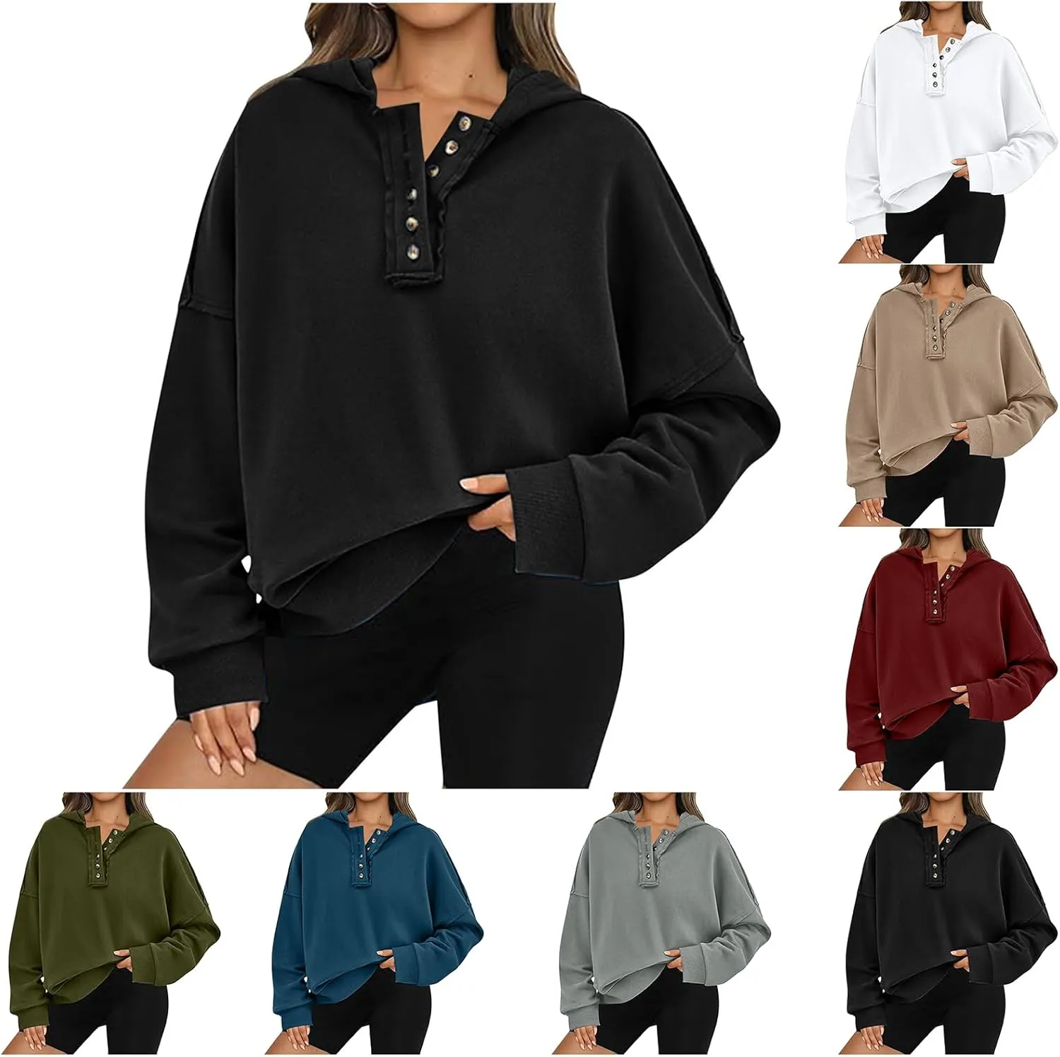Womens Oversized Hoodies Button Down Long Sleeve Hooded Sweatshirts Fashion Solid Color Pullover Tops Fall Clothes 2024